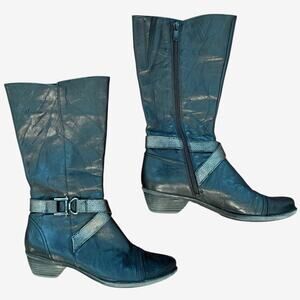 Dorking Spain Leather Black Mid Calf Biker Boot Metallic Strap Buckle sz 38 / 7